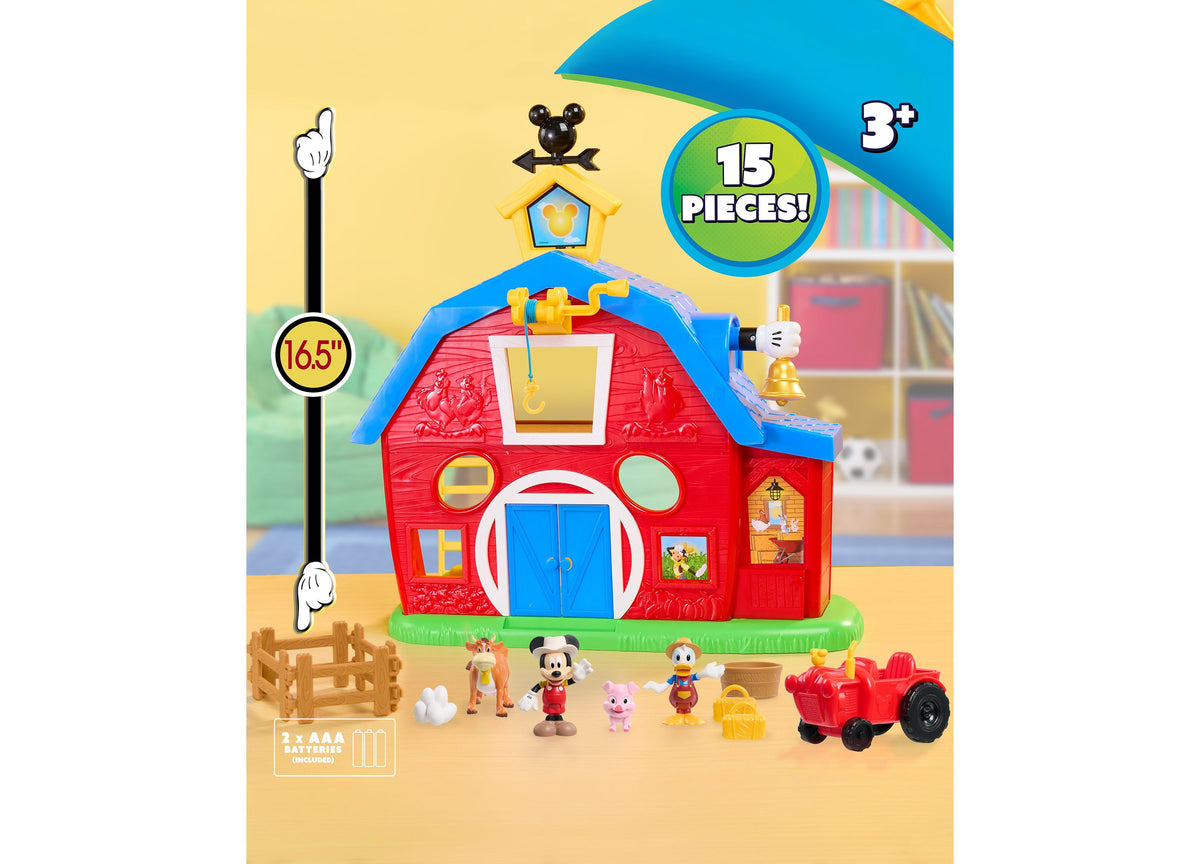 Mickey Mouse Barnyard Fun playset with red barn, Mickey and Donald Duck figures, farm animals, and accessories