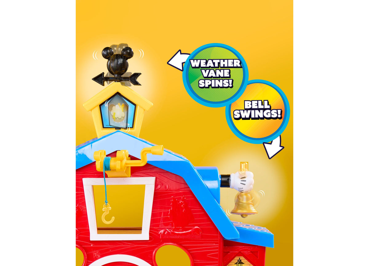 Mickey Mouse Barnyard Fun playset with red barn, blue roof, weather vane, bell, and Mickey character