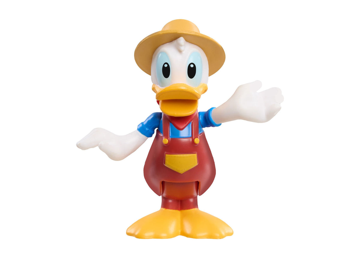 Donald Duck toy figure in yellow hat, blue shirt, and red overalls with yellow feet, arms outstretched in welcoming pose