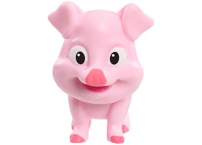 Pink cartoon pig toy with big eyes, red nose, and red hooves standing against white background