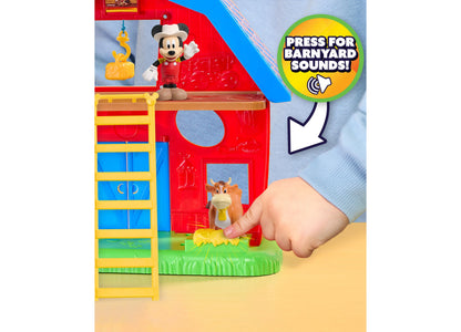 Mickey Mouse Barnyard Fun playset with red barn, Mickey figure, farm animal, and interactive hay bale button for sounds
