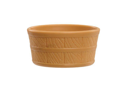 Tan barn-shaped toy container with textured side panels and smooth rim, part of Mickey Mouse Barnyard Fun playset