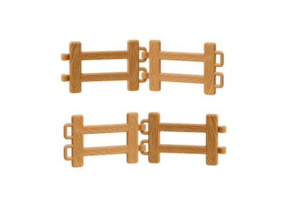 Two views of tan barn fence sections with horizontal rails and post details, stacked vertically