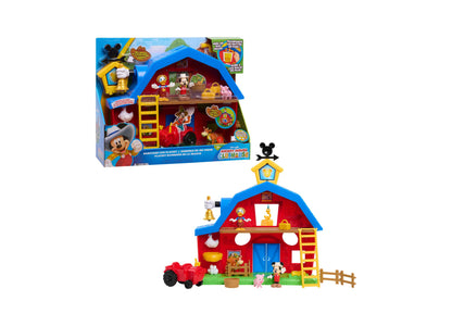 Mickey Mouse Barnyard Fun playset with red barn, blue roof, Mickey and Donald Duck figures, farm animals, and accesso...