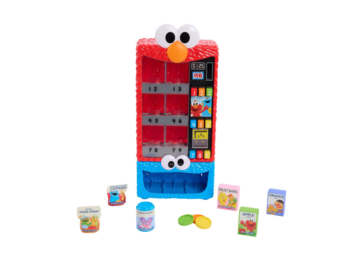Sesame Street Elmo's Sesame Snacks Interactive Vending Machine Playset with red machine, blue base, Elmo character, n...