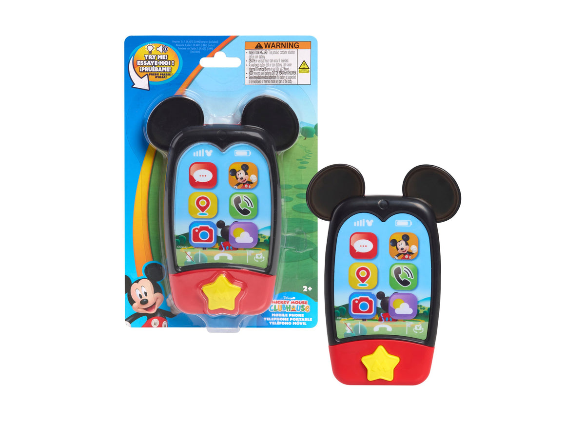 Mickey Mouse Clubhouse light-up interactive mobile phone with black ears, blue screen, colorful app buttons, and yell...