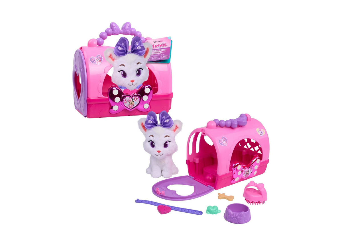Minnie Mouse Pampered Paws Pet Carrier Playset with pink carrier, white kitten figure, purple bow, and accessories