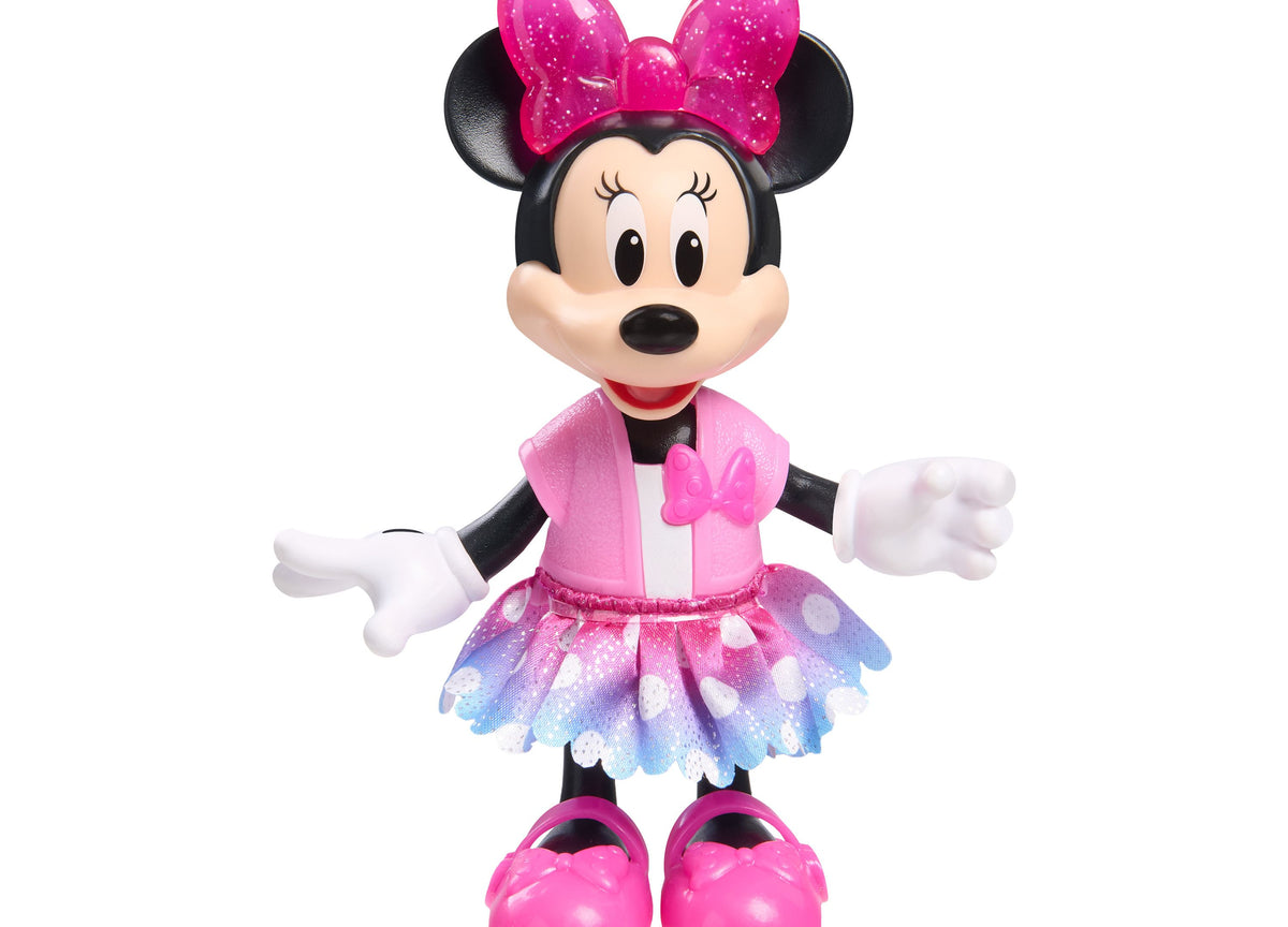 Minnie Mouse 6-inch poseable doll wearing pink jacket and colorful skirt with glittery bow headband and pink shoes