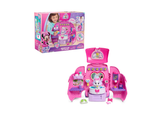 Minnie Mouse Groom & Go Pet Salon playset in pink and purple with bathtub, accessories, and Cream Puff figure