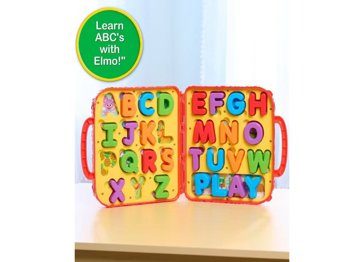 Sesame Street On the Go Letters activity set with colorful ABC letters and Elmo character on yellow case with red han...