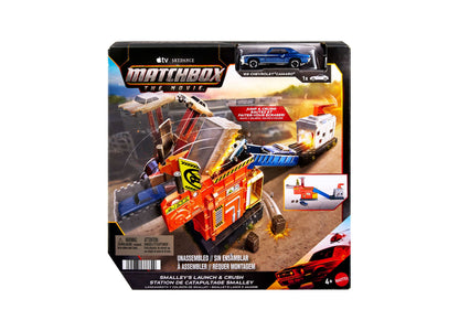 Matchbox The Movie Smalley's Launch & Crush Playset with red vehicle launcher and blue Chevrolet Camaro
