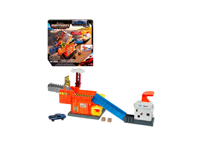 Matchbox 1:64 Scale Smalley's Launch & Crush Playset with orange station, blue ramp, white crusher, and blue car