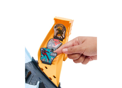 Hot Wheels Spider-Man & Hulk Slam-Launch Track Set with orange launcher being held, showing die-cast vehicle and vill...