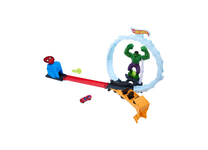 Hot Wheels Spider-Man & Hulk Slam-Launch Track Set with red die-cast vehicle, blue loop, green Hulk figure, and orang...
