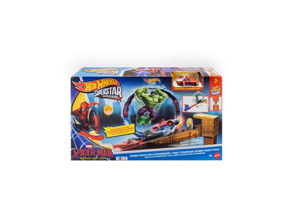 Hot Wheels Spider-Man & Hulk Slam-Launch Track Set with red die-cast vehicle, loop track, and Hulk figure on packaging