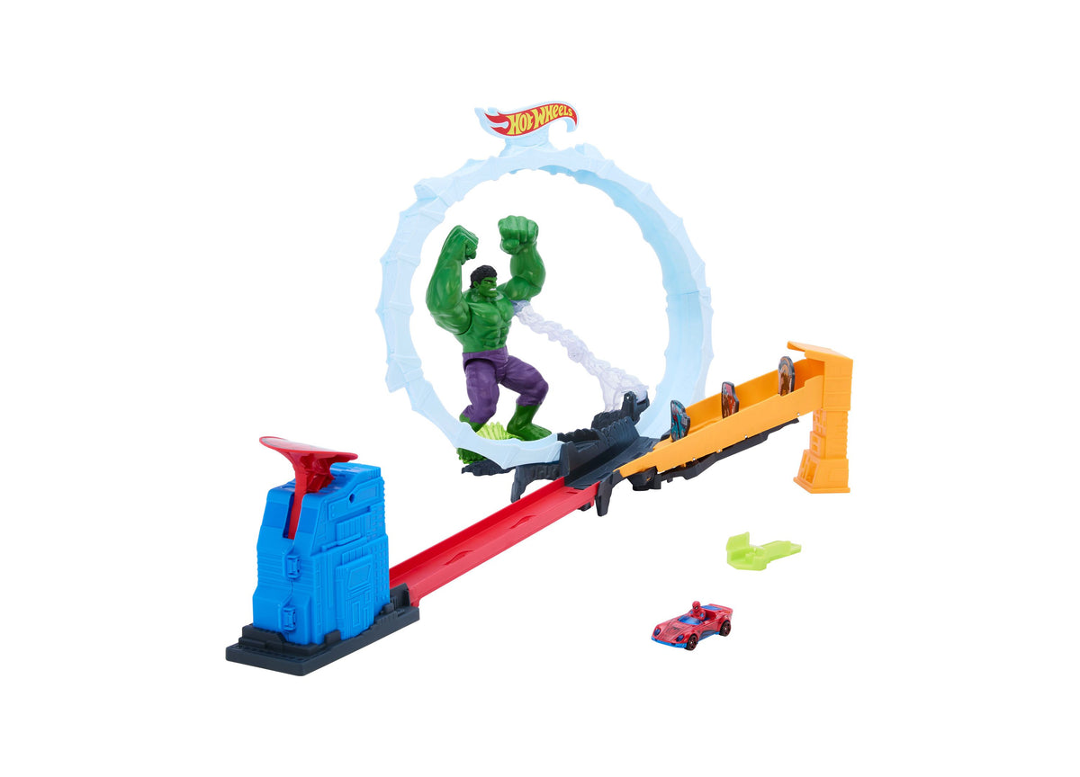 Hot Wheels Spider-Man & Hulk Slam-Launch Track Set with red die-cast vehicle, blue launcher, loop track, orange ramp,...