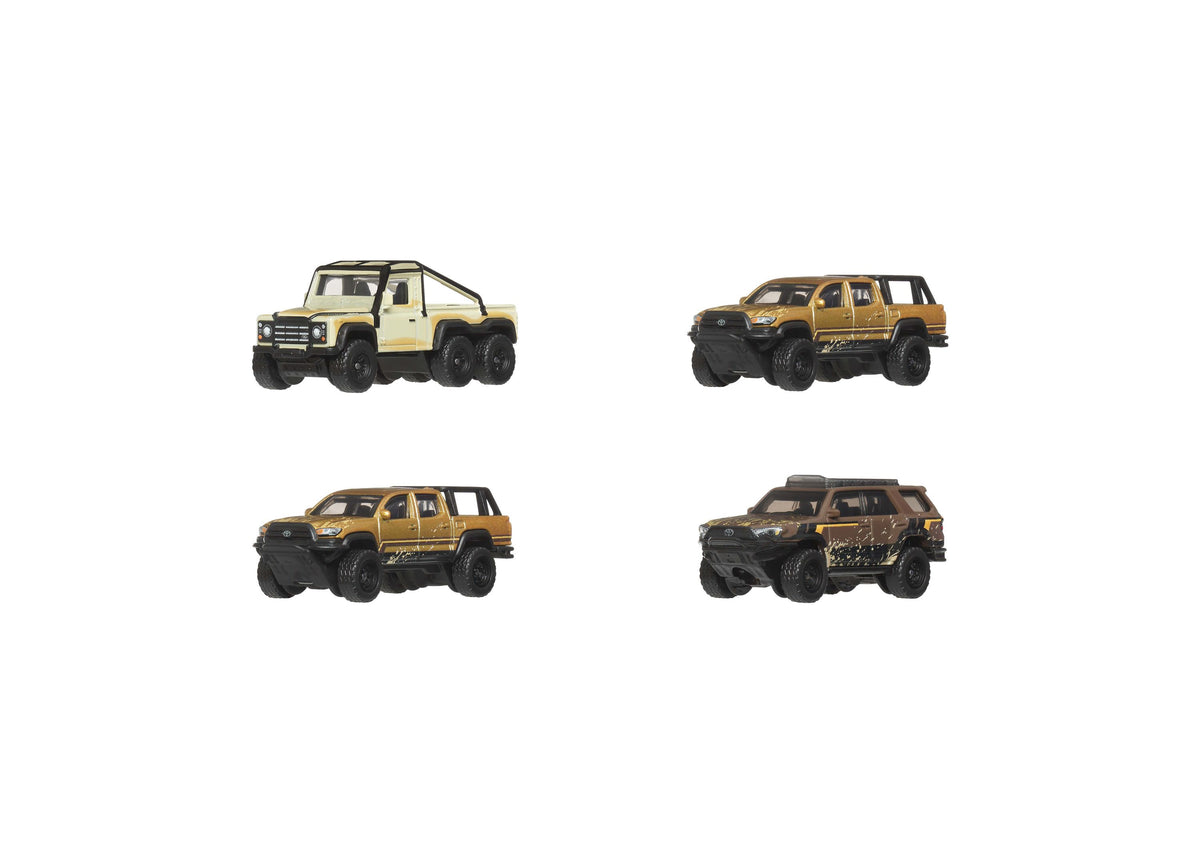 Matchbox 1:64 Scale Desert Chase Escape 4-piece die-cast vehicle set featuring a cream and tan Land Rover 6x6 and thr...