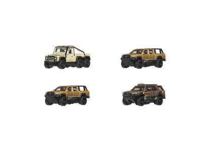 Matchbox 1:64 Scale Desert Chase Escape 4-piece die-cast vehicle set featuring a cream and tan Land Rover 6x6 and thr...