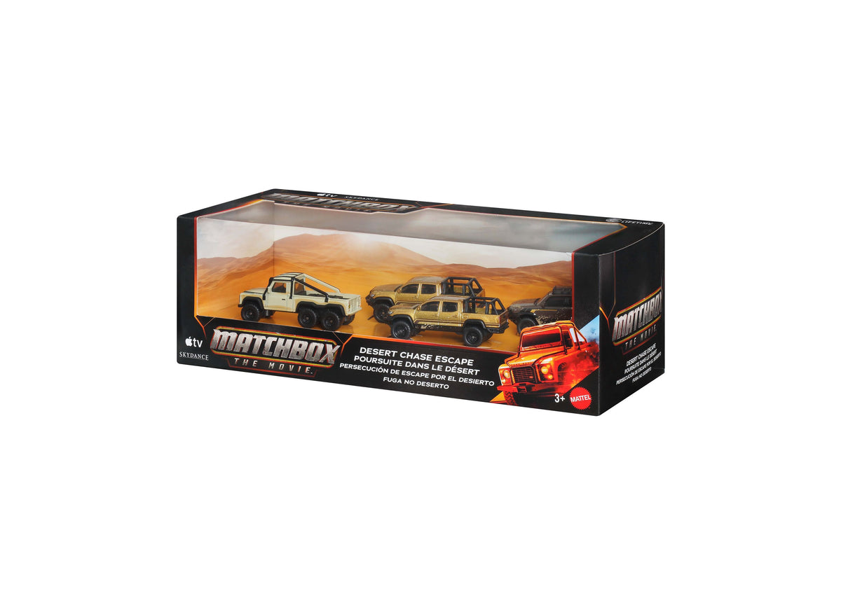 Matchbox Desert Chase Escape 4-piece die-cast vehicle set with red, white, and tan cars displayed in desert-themed pa...