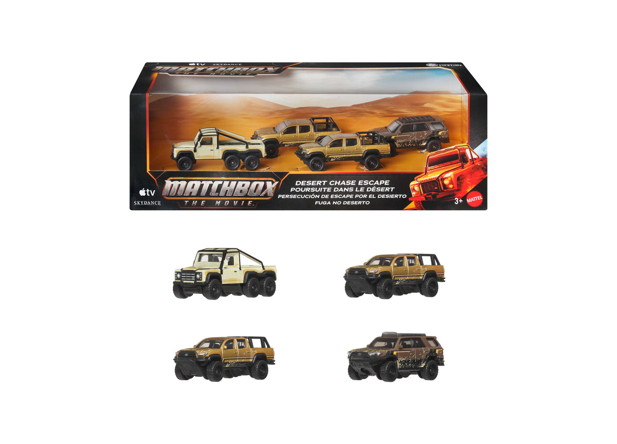 Matchbox Desert Chase Escape 4-piece die-cast vehicle set with tan and gold vehicles displayed in movie-style packaging