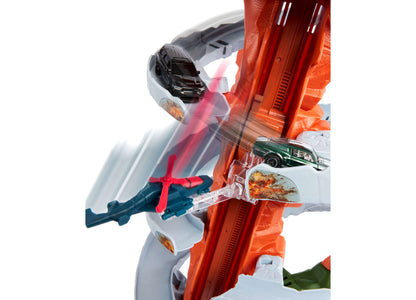 Matchbox 1:64 Scale Movie Helicopter Escape Playset with red helicopter, die-cast cars, and track