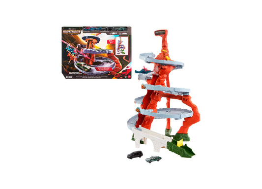 Matchbox Mountain Helicopter Escape Playset with red tower, multiple levels, and two die-cast cars