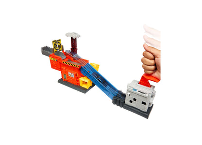 Matchbox Smalley's Launch & Crush Playset with red launcher, blue track, and gray vehicle