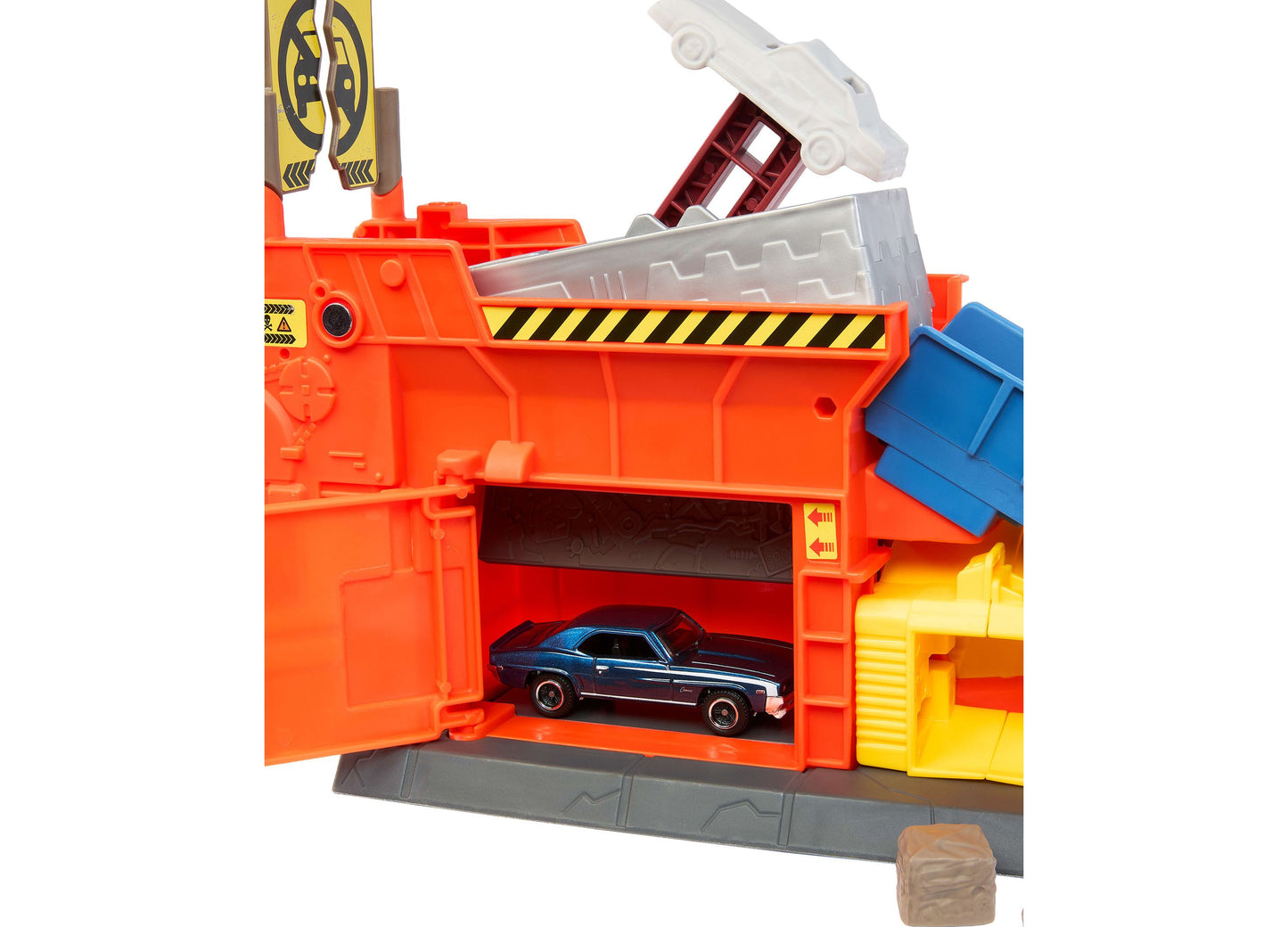 Matchbox Launch & Crush Playset with orange garage, white car launcher, and blue die-cast vehicle