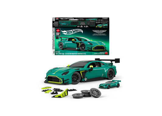 Hot Wheels '24 Aston Martin Vantage GT3 building set with turquoise car, yellow accents, wheels, and bonus miniature car