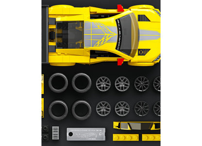 Yellow Chevrolet Corvette C8.R building set with buildable model, wheels, and metal collectible car