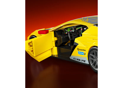 Yellow Corvette C8.R building set model with opening door, detailed interior, and Brembo braking decals