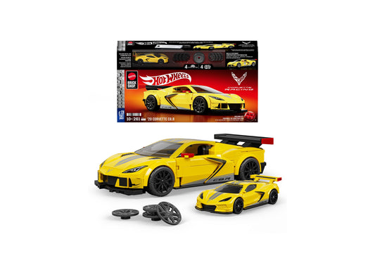 Hot Wheels Brick Shop '20 Corvette C8.R 261-piece building set with yellow sports car model, smaller matching car, an...