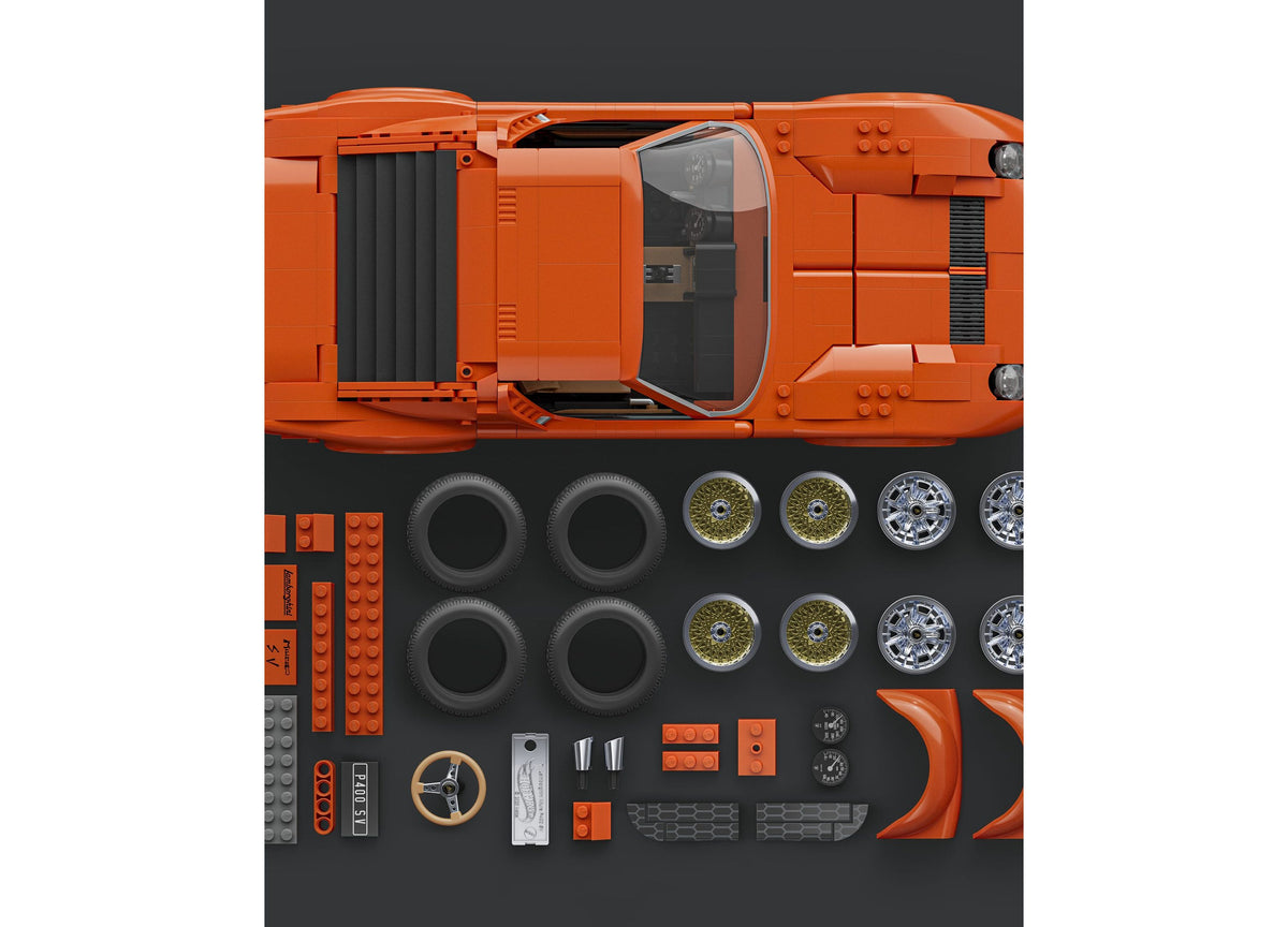 Orange Lamborghini Miura P400 SV building set with 1523 pieces, displayed assembled and disassembled with wheels, ste...