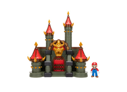 Super Mario Bowser Jr. Castle Playset with golden towers, red roofs, and Mario figure