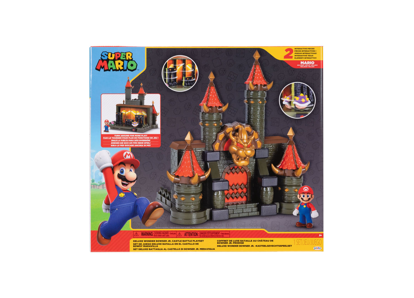 Super Mario Deluxe Wonder Bowser Jr. Castle Battle Playset with interactive towers and figures