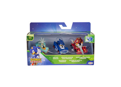Sonic 35th Anniversary 3-pack die-cast vehicles set with blue, red, and teal racing cars