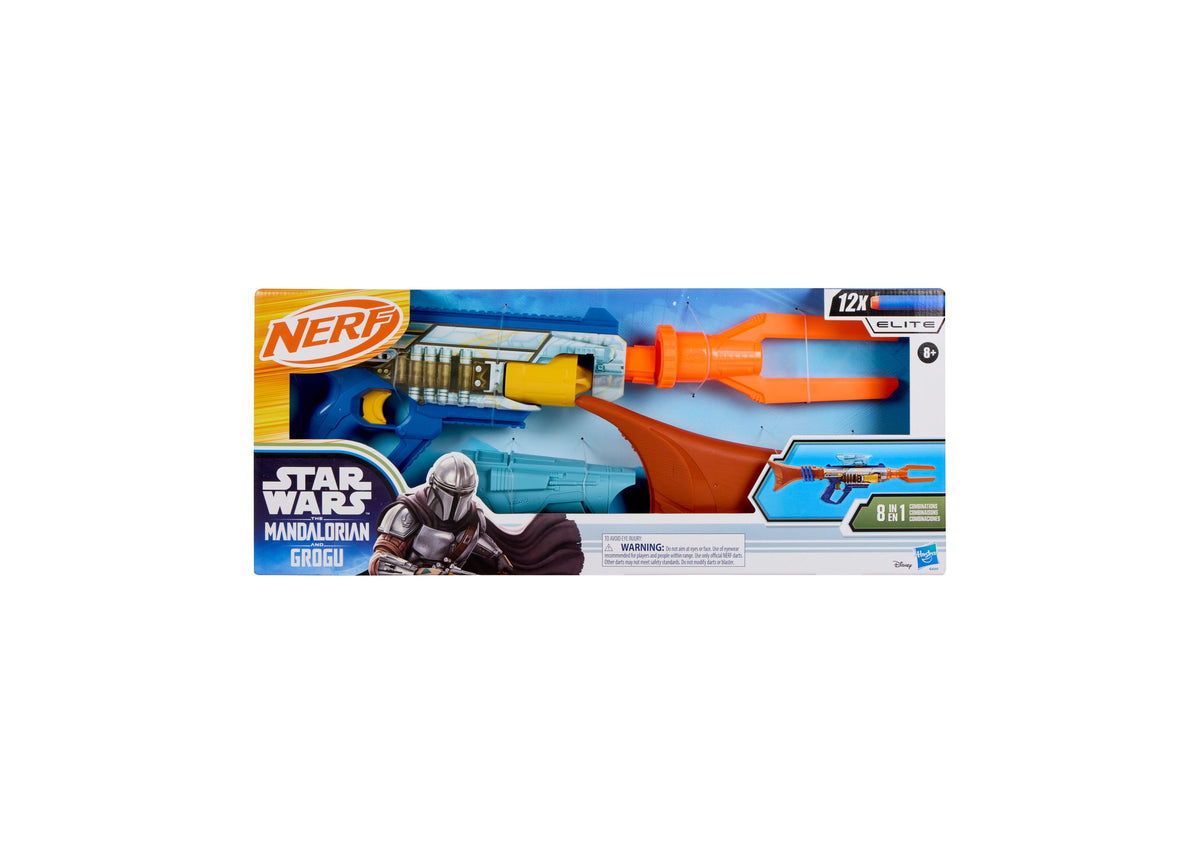 Nerf Star Wars Mandalorian Bolt-Action Blaster with orange scope, shown with 12 Elite darts on packaging
