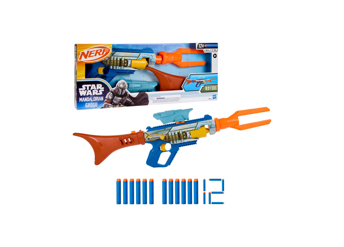Nerf Star Wars Mandalorian Bolt-Action Blaster in blue, orange, and red with 12 Elite darts displayed