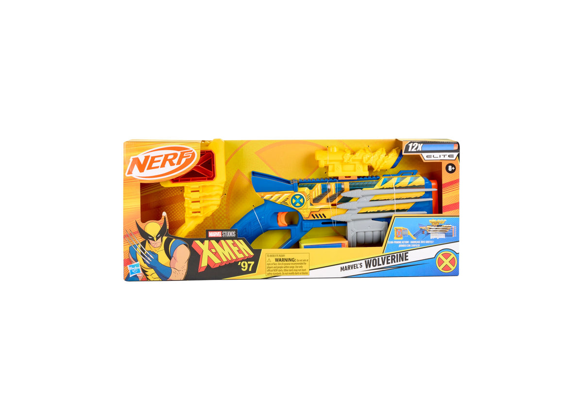 Nerf Marvel Wolverine Blaster in blue and yellow with claw-inspired design, shown in packaging