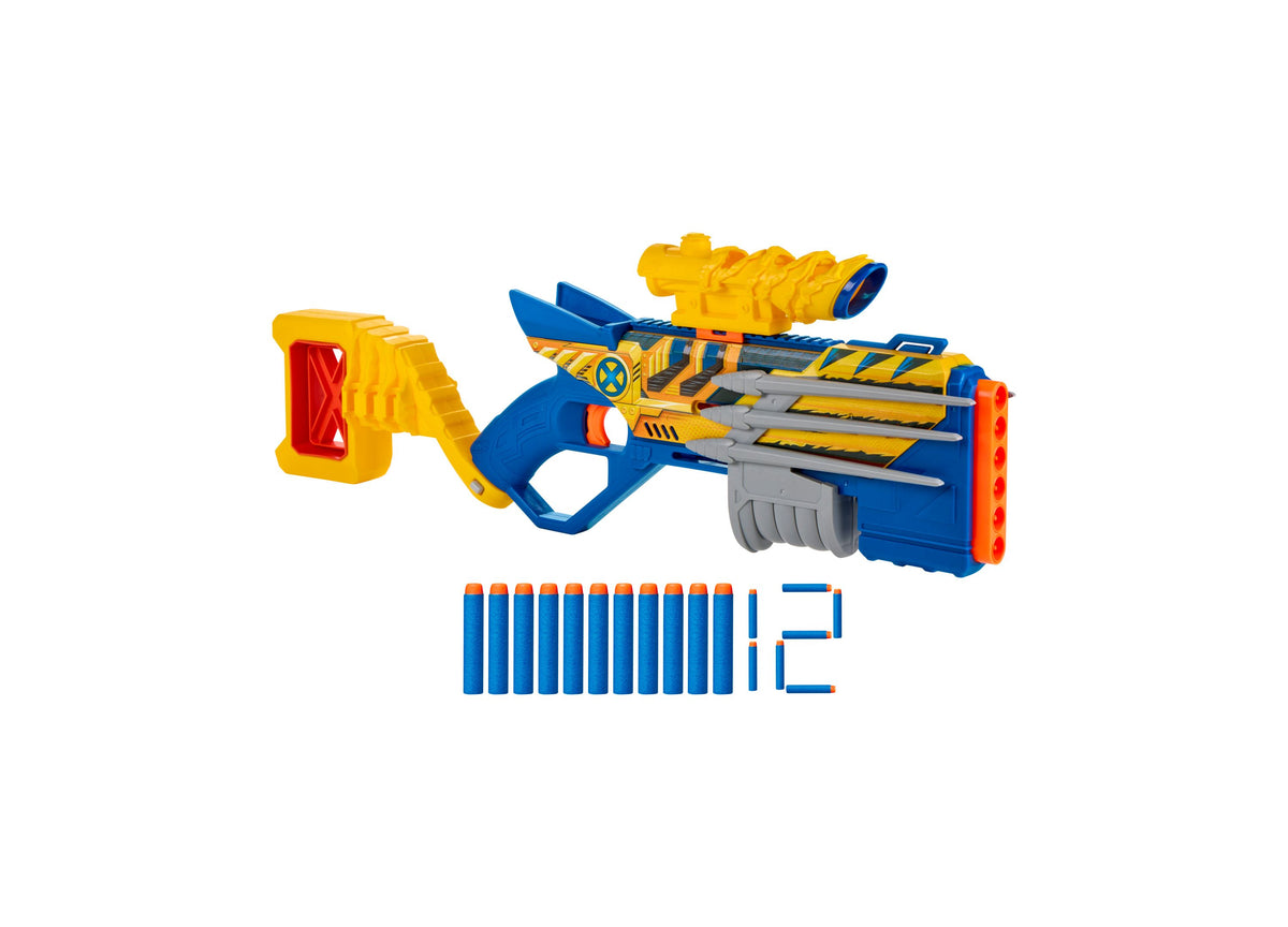 Nerf Marvel Wolverine Blaster in blue and yellow with claw priming action, shown with 12 foam darts