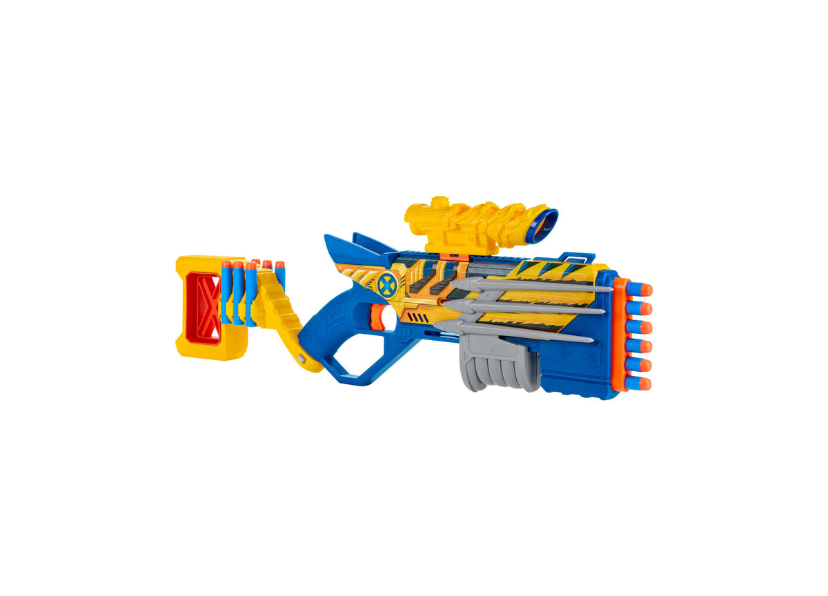 Nerf Marvel Wolverine Blaster with yellow claw priming mechanism, blue and orange body, removable scope and stock