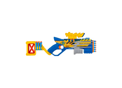 Nerf Marvel Wolverine Blaster in blue and yellow with claw priming action, removable scope, and foam dart ammunition