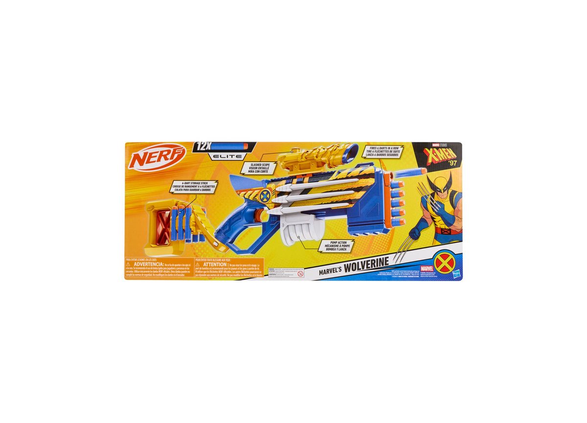 Nerf Marvel Wolverine Blaster with yellow and blue claw-inspired design, shown with included darts and accessories on...