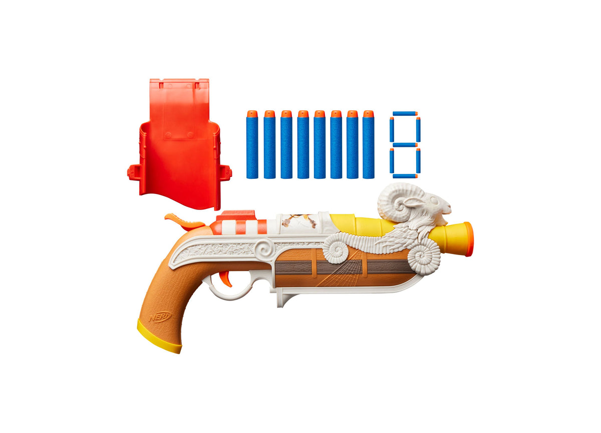 Nerf One Piece Going Merry Blaster with red ammo clip, 8 blue darts, and blue holster
