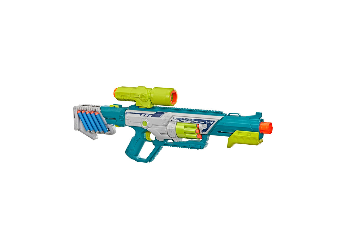Nerf Rebel Ops Deadeye Pump-Action 8-Dart Blaster in teal, lime green, and gray with scope and shield