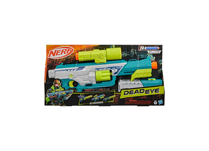 Nerf Rebel Ops Deadeye Pump-Action Blaster with lime green and teal components, shown with scope-barrel and shieldsto...