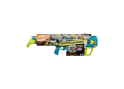 Nerf Rebel Ops Doom Cannon Tri-Shot Blaster in lime green and teal with printed character graphics and 60-dart capaci...