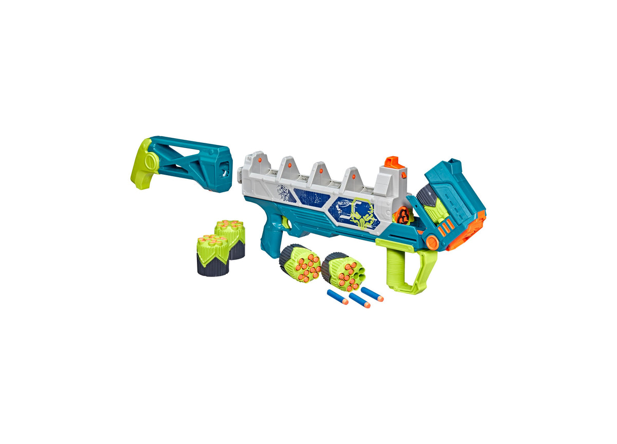 Nerf Rebel Ops Doom Cannon Tri-Shot Blaster in teal, lime green, and orange with shoulder mount, supershells, and darts