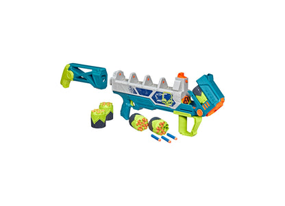 Nerf Rebel Ops Doom Cannon Tri-Shot Blaster in teal, lime green, and orange with shoulder mount, supershells, and darts