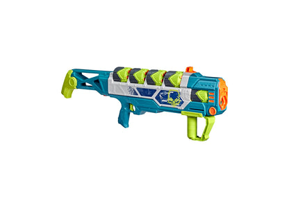 Nerf Rebel Ops Doom Cannon Tri-Shot Blaster in teal, lime green, white and orange with shoulder mount and grip